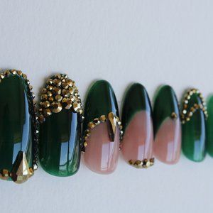 Green and Gold Press On Nails - 20pc